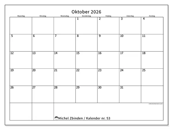 Kalender oktober 2026 om af te drukken - Efficiënte agenda