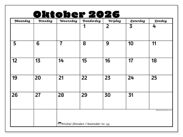 Kalender oktober 2026 om af te drukken - Familieactiviteiten