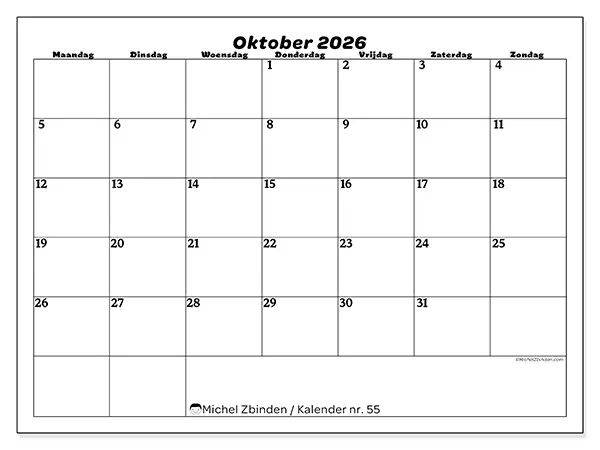Kalender oktober 2026 om af te drukken - Organisatie van vrije tijd