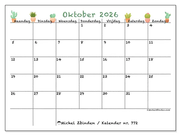Kalender oktober 2026 om af te drukken - Decoratieve cactus