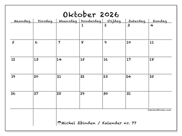 Kalender oktober 2026 om af te drukken - School en familie