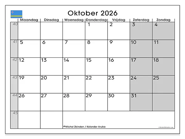 Kalender oktober 2026 om af te drukken - Aruba