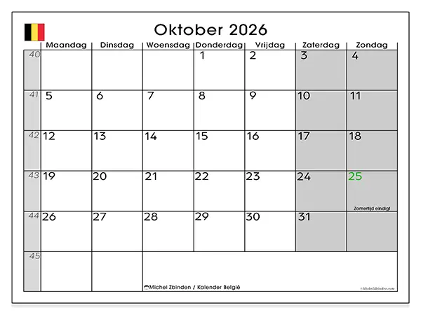 Kalender oktober 2026 om af te drukken - België