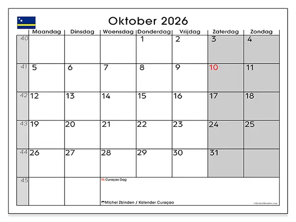 Kalender oktober 2026 om af te drukken - Curaçao