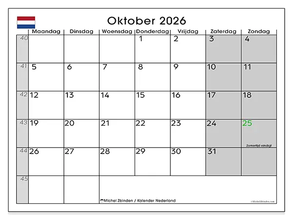 Kalender oktober 2026 om af te drukken - Nederland