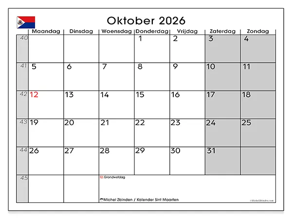 Kalender oktober 2026 om af te drukken - Sint Maarten
