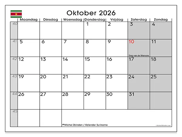 Kalender oktober 2026 om af te drukken - Suriname