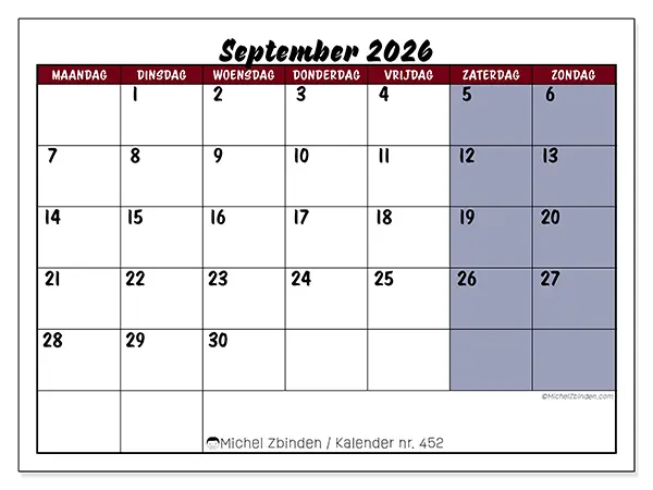 Kalender september 2026 om af te drukken - Taken in kleur
