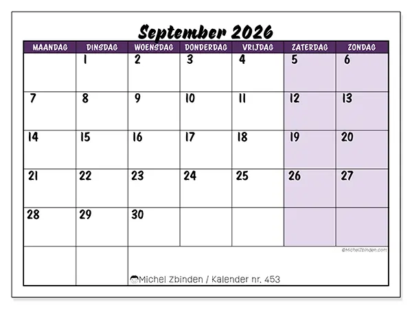 Kalender september 2026 om af te drukken - Kleurrijke taken