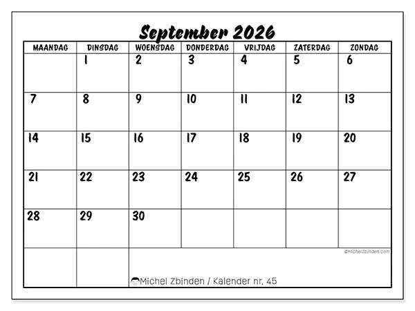 Kalender september 2026 om af te drukken - Schoolsucces