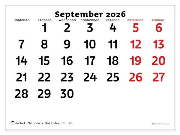 Kalender september 2026 om af te drukken - Duidelijk overzicht