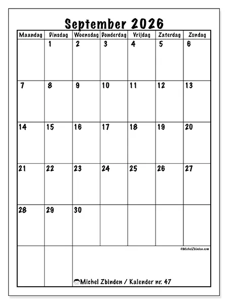 Kalender september 2026 om af te drukken - Efficiënte planning