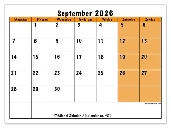 Kalender september 2026 om af te drukken
