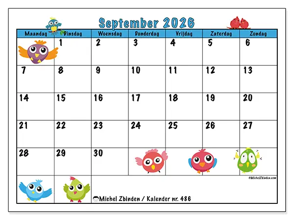 Kalender september 2026 om af te drukken - Grappige vogels