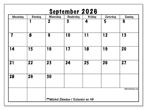 Kalender september 2026 om af te drukken - Dagelijkse planning