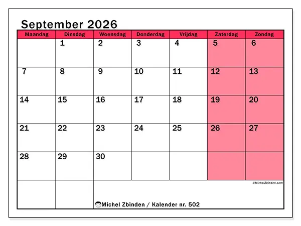 Kalender september 2026 om af te drukken - Heldere organisatie