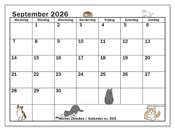 Kalender september 2026 om af te drukken - Kattenleven