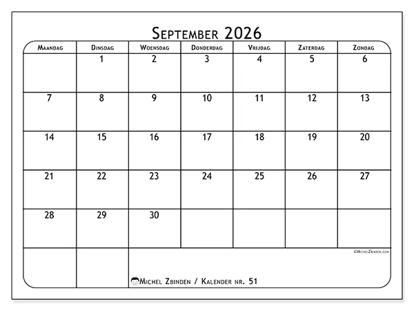 Kalender september 2026 om af te drukken - Maaltijdplanner
