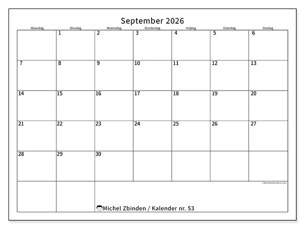 Kalender september 2026 om af te drukken - Efficiënte agenda