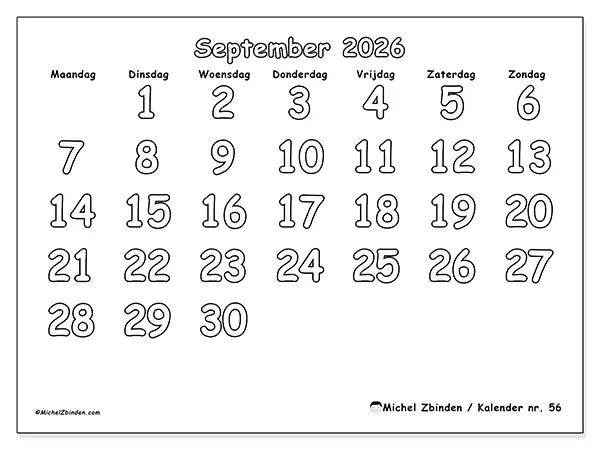 Kalender september 2026 om af te drukken - Nuttig kleuren