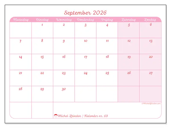 Kalender september 2026 om af te drukken - Organisatie in zachtheid