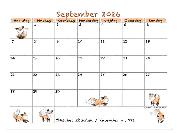 Kalender september 2026 om af te drukken - Vossentekeningen