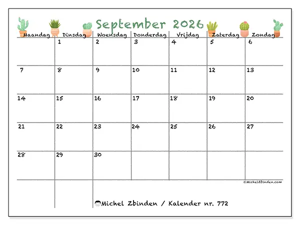 Kalender september 2026 om af te drukken - Decoratieve cactus
