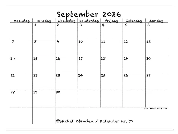 Kalender september 2026 om af te drukken - School en familie