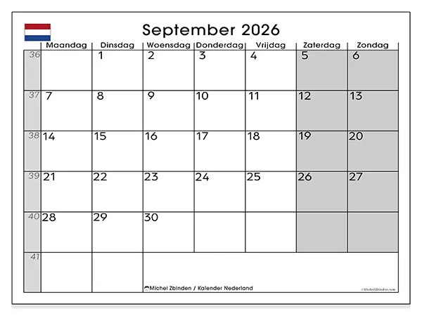 Kalender september 2026 om af te drukken - Nederland