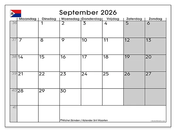 Kalender september 2026 om af te drukken - Sint Maarten