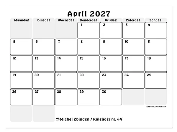 Kalender april 2027 om af te drukken - Gestructureerde planning