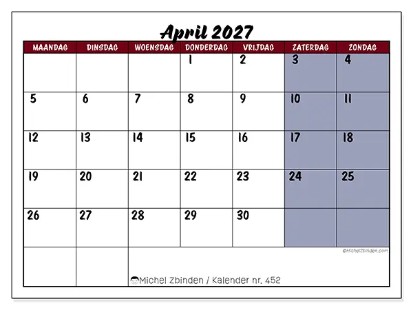 Kalender april 2027 om af te drukken - Taken in kleur