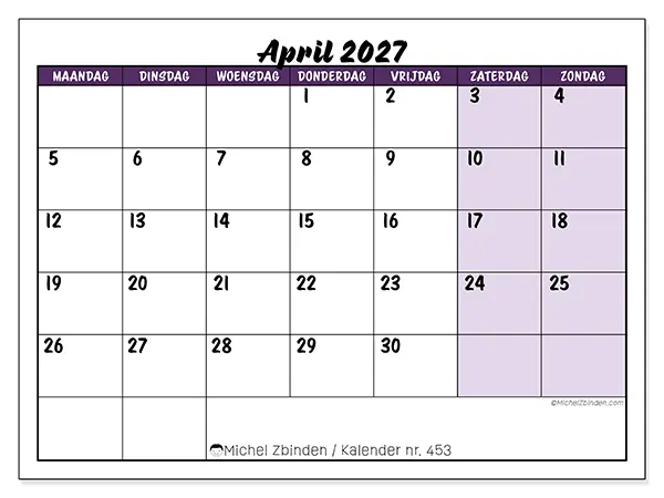 Kalender april 2027 om af te drukken - Kleurrijke taken
