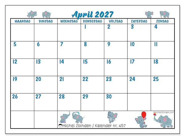 Kalender april 2027 om af te drukken - Kleine olifanten