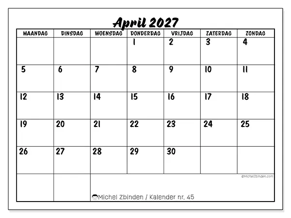 Kalender april 2027 om af te drukken - Schoolsucces