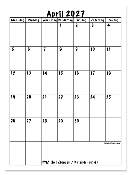 Kalender april 2027 om af te drukken - Efficiënte planning