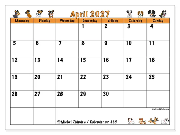 Kalender april 2027 om af te drukken - Enthousiaste honden