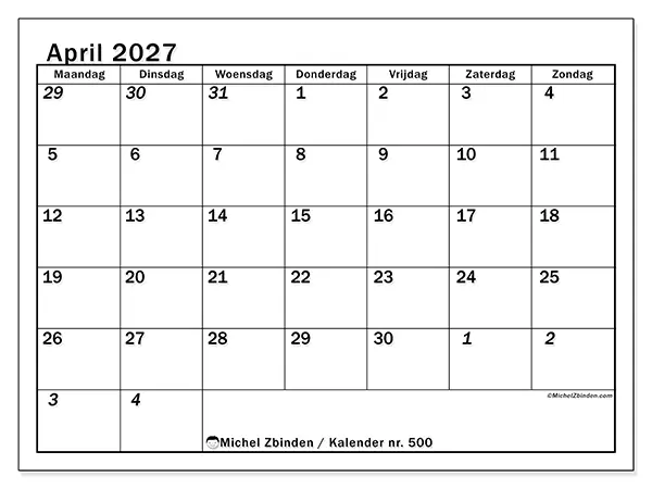 Kalender april 2027 om af te drukken - Intensieve planning