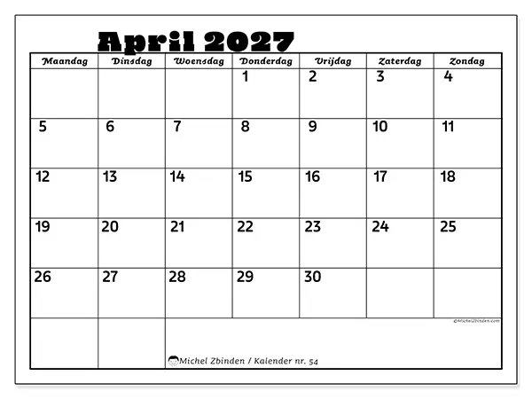 Kalender april 2027 om af te drukken - Familieactiviteiten