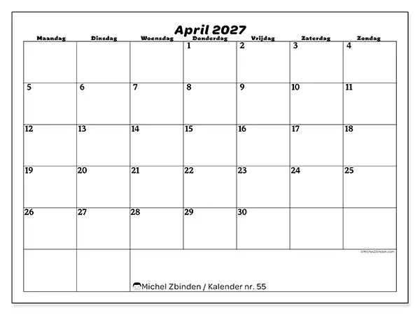 Kalender april 2027 om af te drukken - Organisatie van vrije tijd