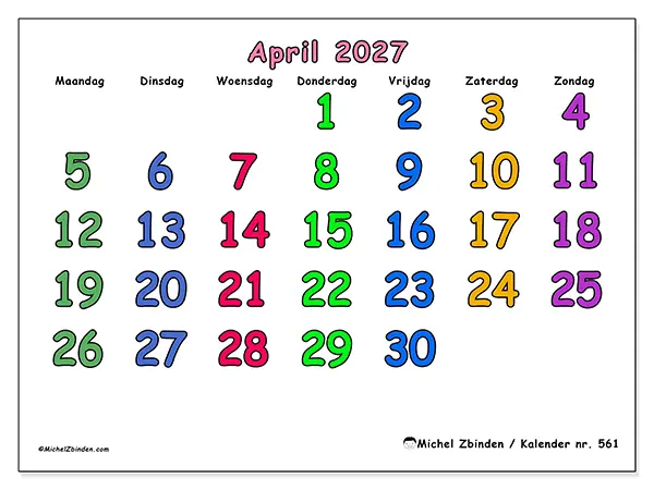 Kalender april 2027 om af te drukken - Creatieve momenten