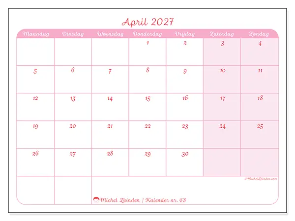 Kalender april 2027 om af te drukken - Organisatie in zachtheid