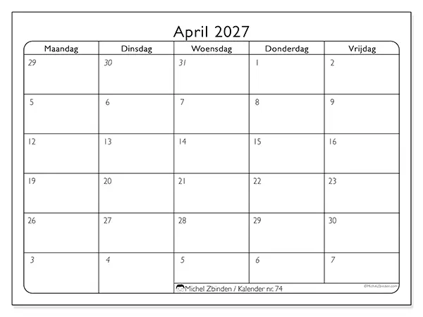 Kalender april 2027 om af te drukken - Werkorganisatie