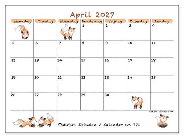 Kalender april 2027 om af te drukken - Vossentekeningen