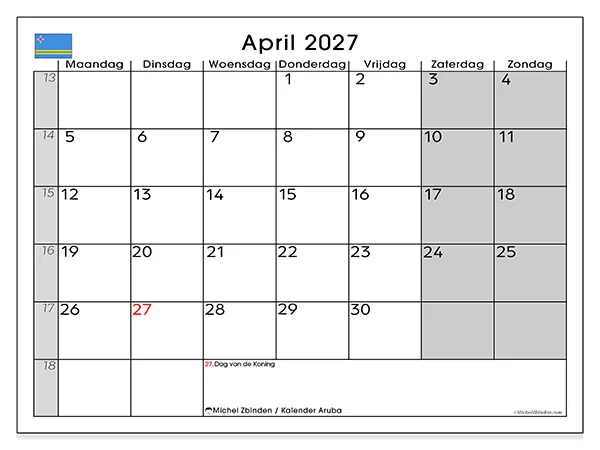 Kalender april 2027 om af te drukken - Aruba