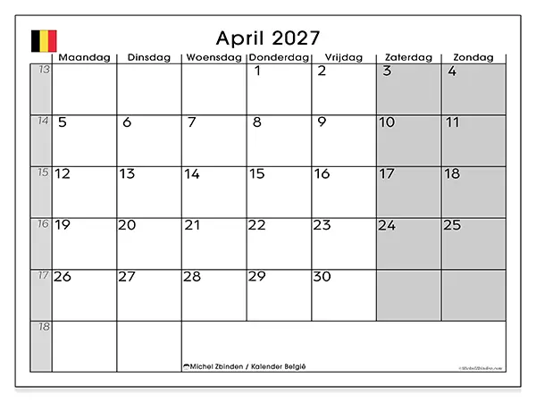 Kalender april 2027 om af te drukken - België