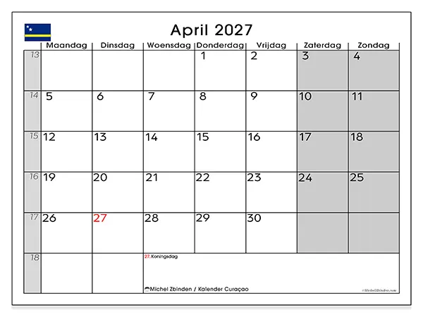 Kalender april 2027 om af te drukken - Curaçao
