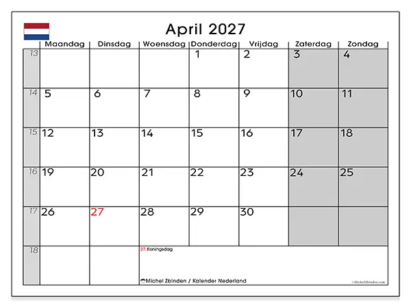 Kalender april 2027 om af te drukken - Nederland
