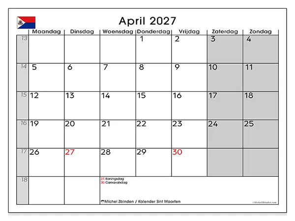 Kalender april 2027 om af te drukken - Sint Maarten