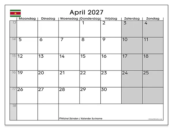Kalender april 2027 om af te drukken - Suriname